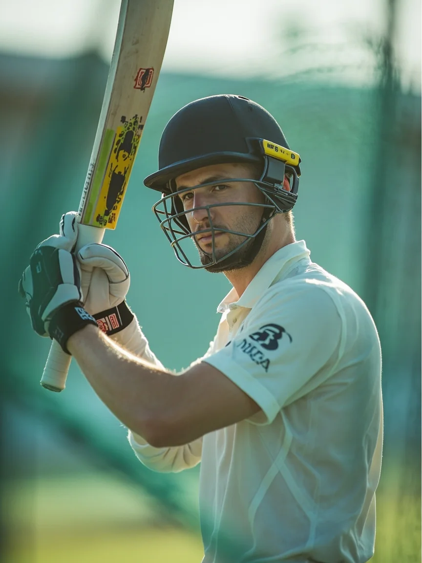 Batsman mid-drill in a practice net, used as a cutout for an all-rounder batting role